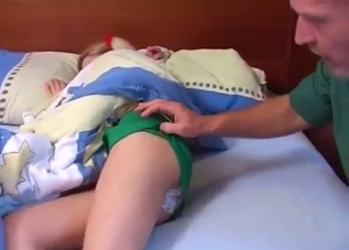 Bald-headed dude happily molests his sleeping daughter
